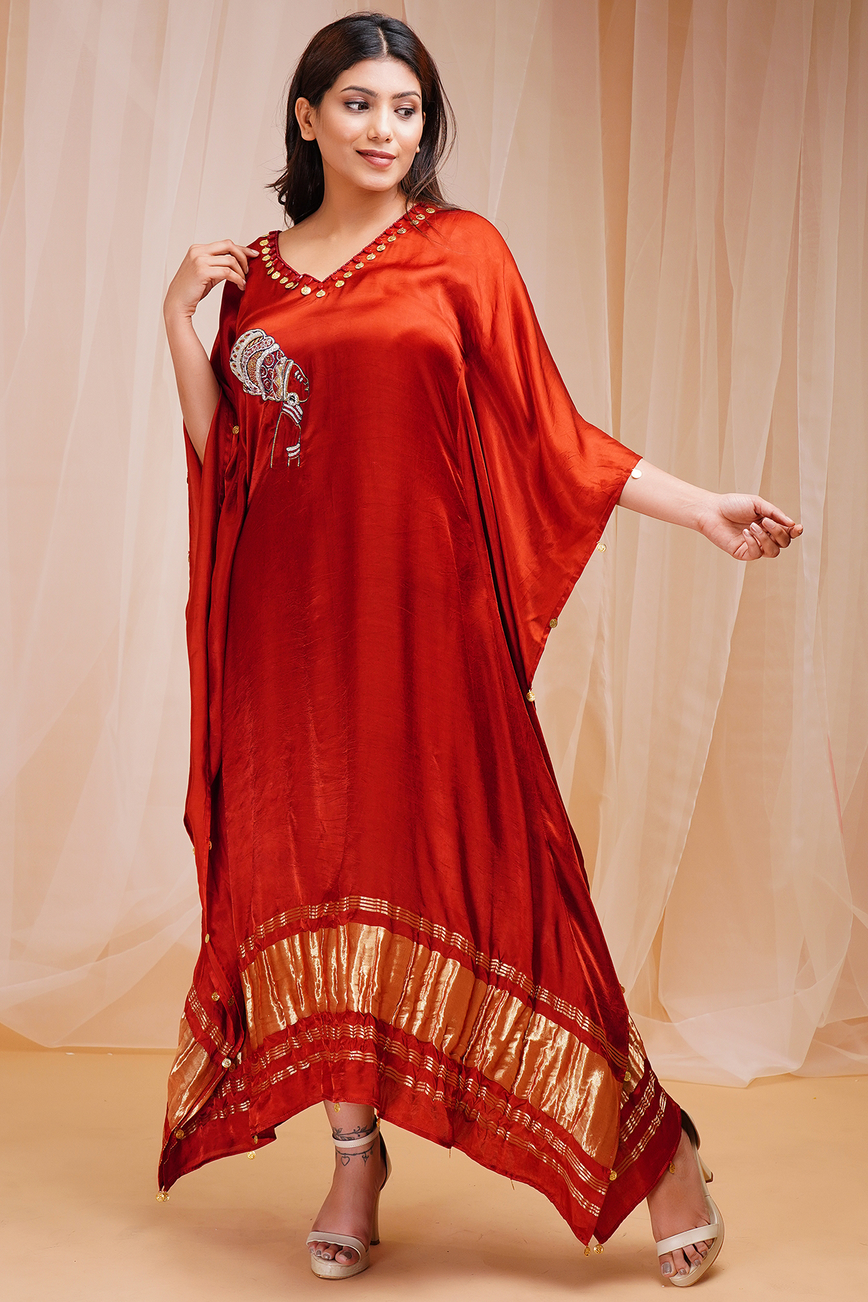 Rust Red Embroidered Kaftan by Farha Syed at Pernia's Pop Up Shop