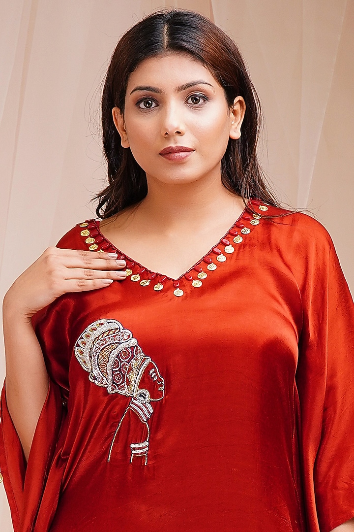Rust Red Embroidered Kaftan by Farha Syed at Pernia's Pop Up Shop