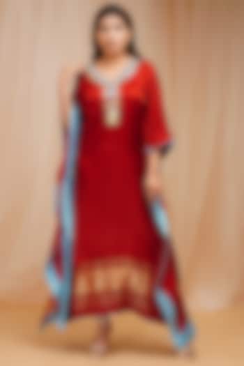Rust Red Hand Embroidered Kaftan by Farha Syed at Pernia's Pop Up Shop