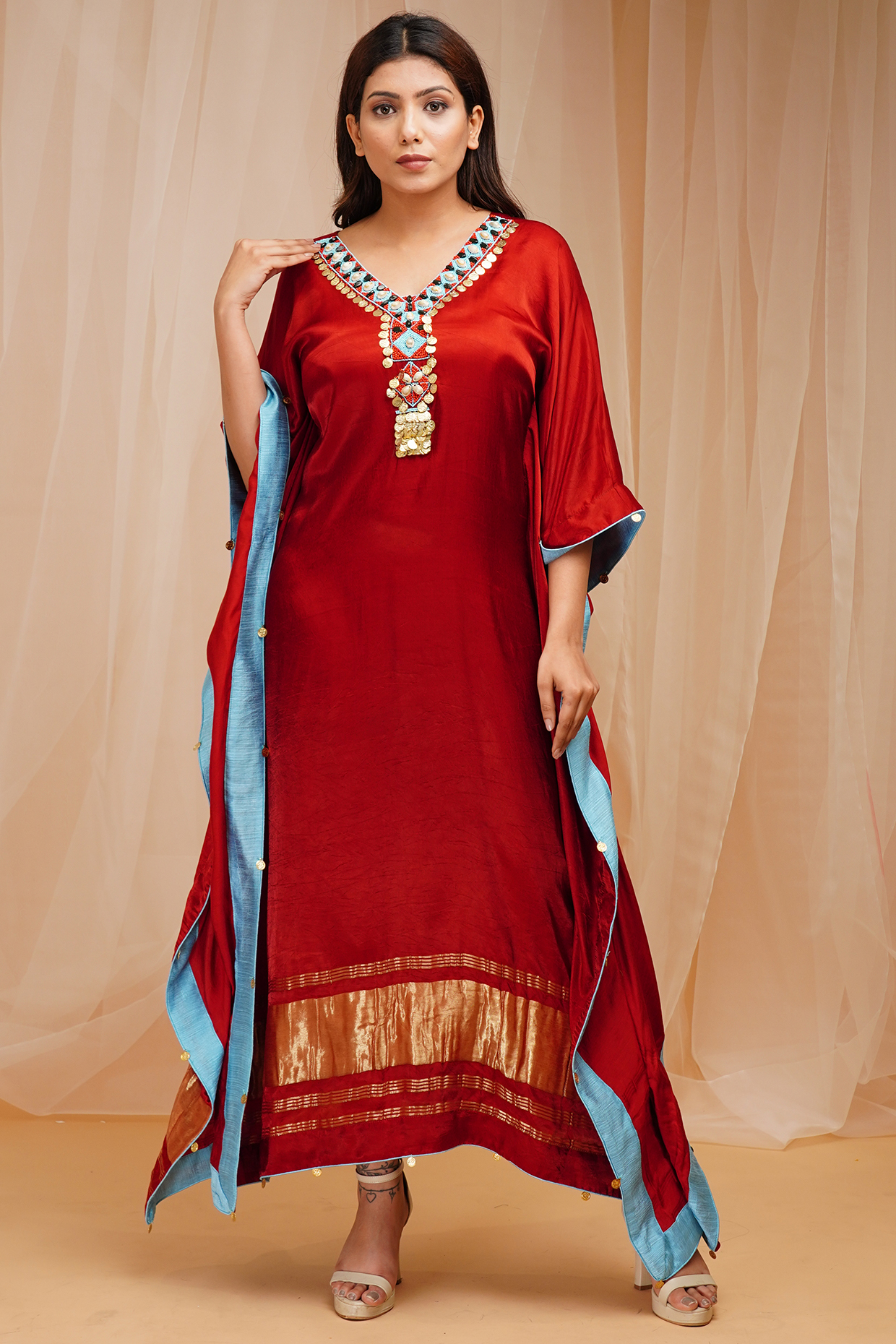 Rust Red Hand Embroidered Kaftan by Farha Syed at Pernia's Pop Up Shop