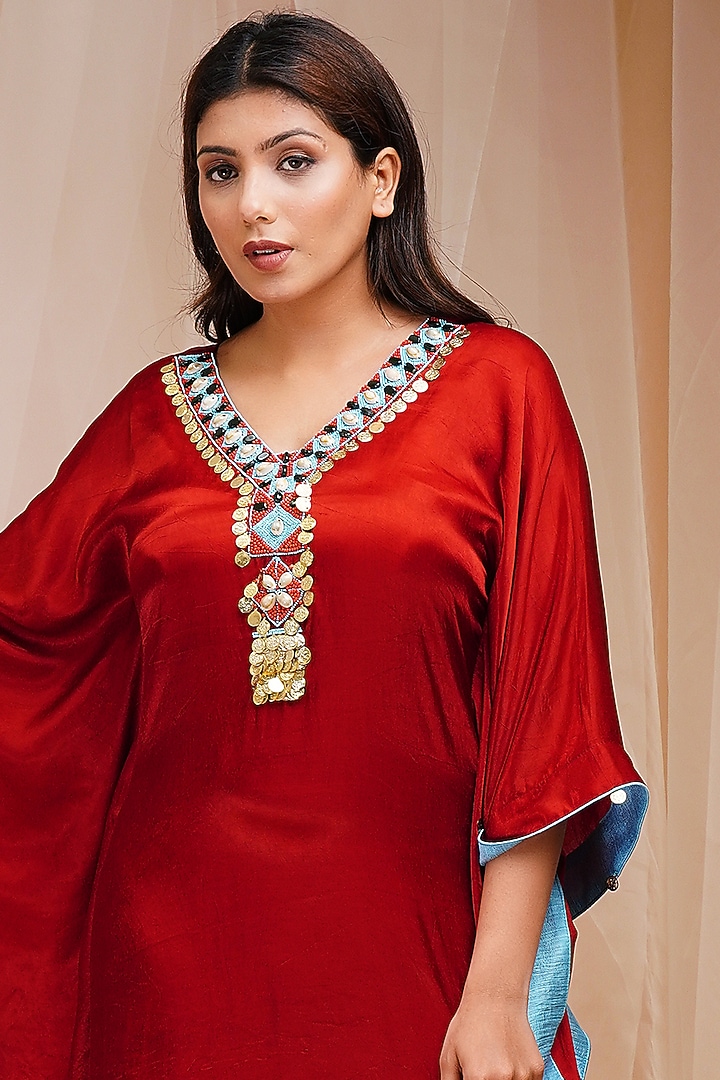 Rust Red Hand Embroidered Kaftan by Farha Syed at Pernia's Pop Up Shop