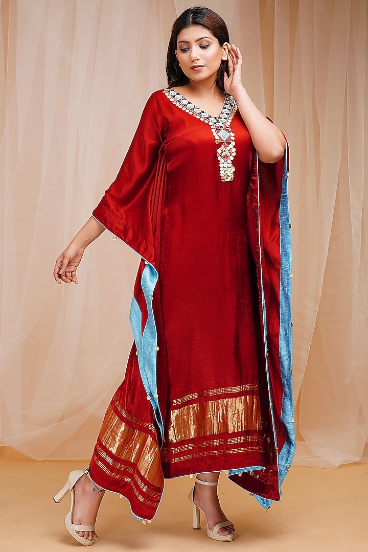 Rust Red Hand Embroidered Kaftan by Farha Syed at Pernia's Pop Up Shop