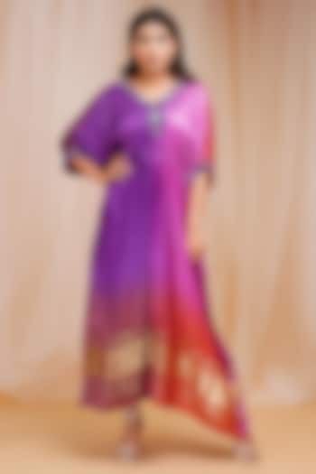 Violet & Pink Embroidered Kaftan by Farha Syed