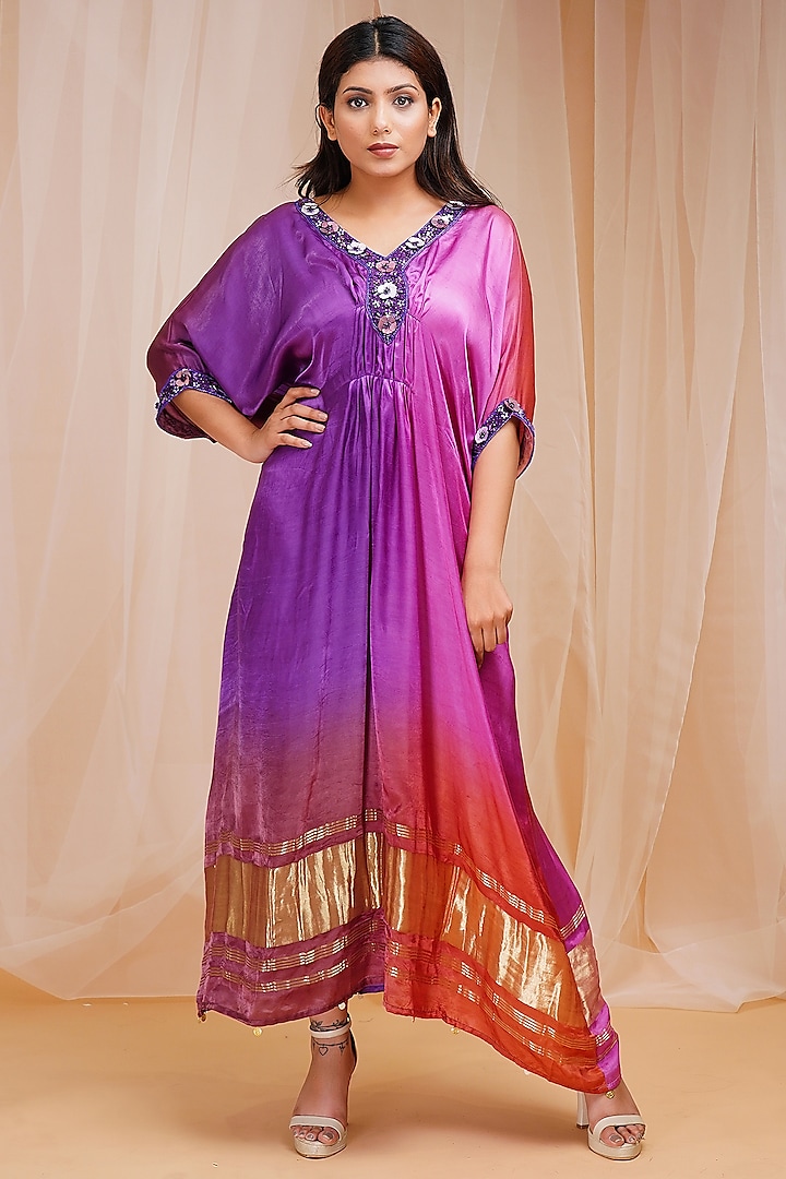 Violet & Pink Embroidered Kaftan by Farha Syed