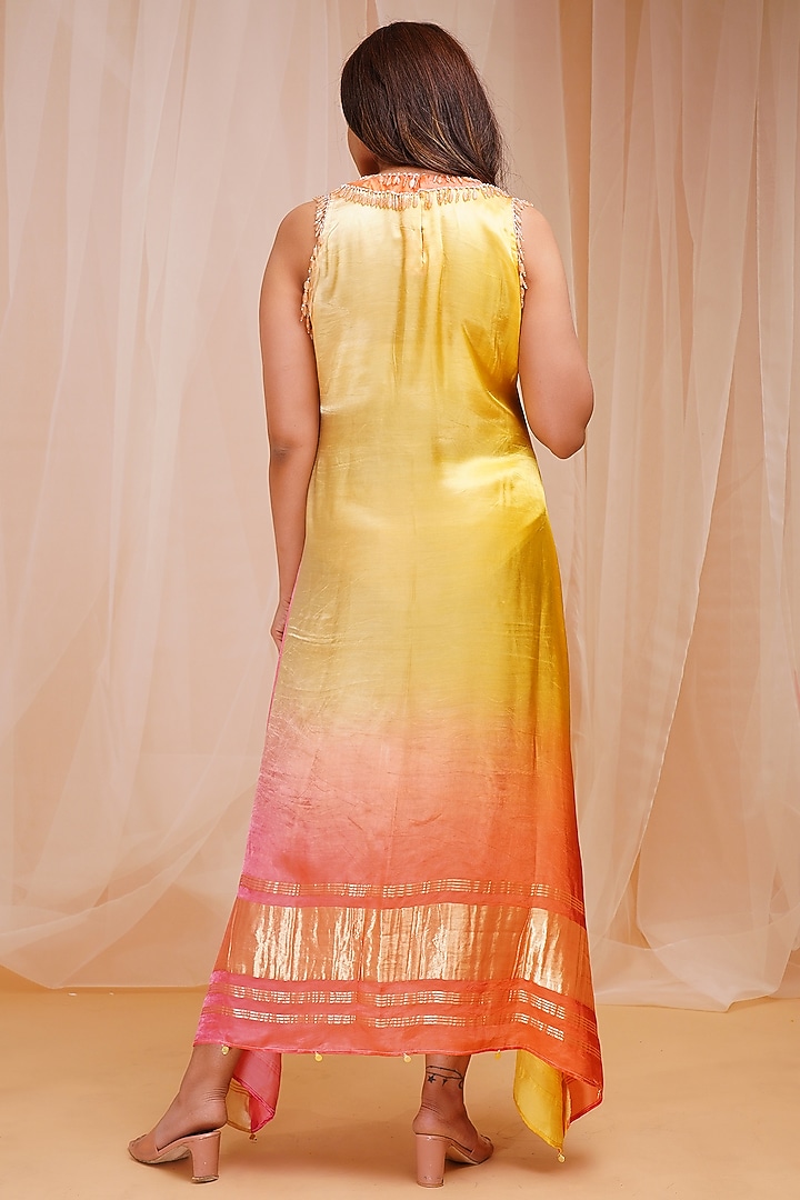 Pale Yellow & Reddish Orange Embroidered Kaftan by Farha Syed at Pernia's Pop Up Shop
