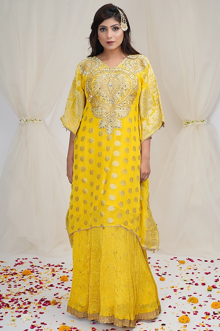 Aureolin Yellow Hand Embroidered Kaftan Set Design by Farha Syed at ...