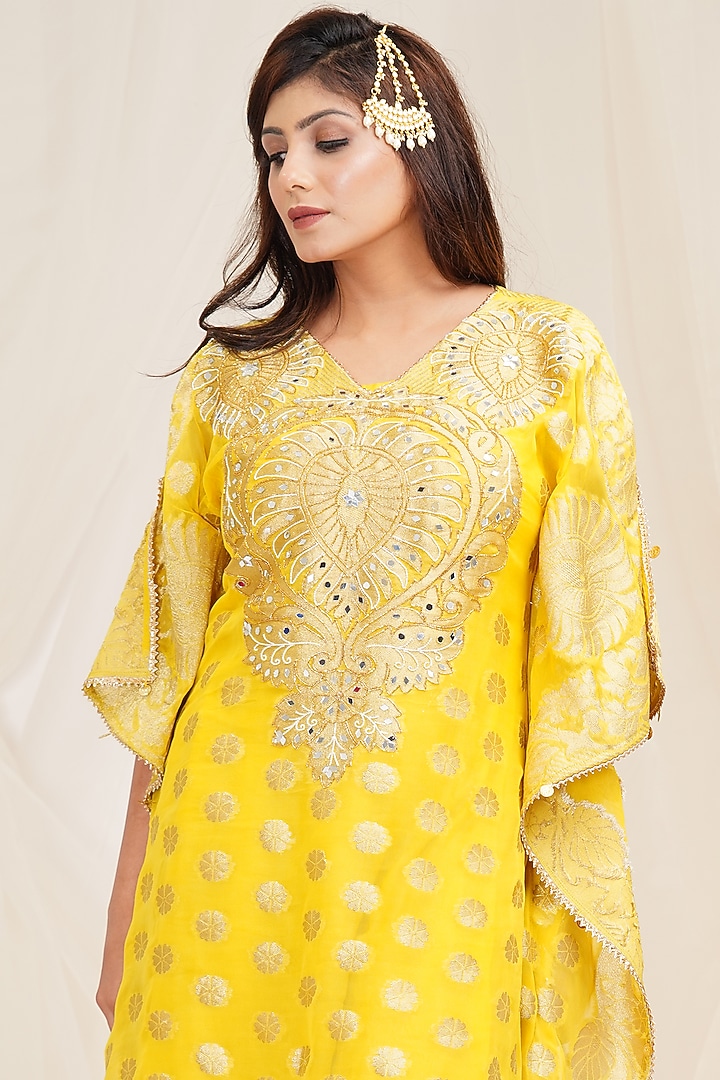 Aureolin Yellow Hand Embroidered Kaftan  by Farha Syed at Pernia's Pop Up Shop
