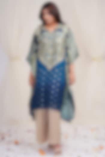 Steel Blue & Lapis Blue Hand Embroidered Kaftan  by Farha Syed at Pernia's Pop Up Shop