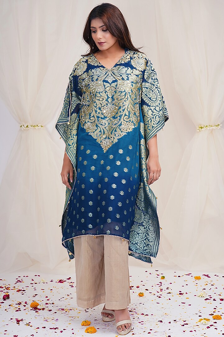 Steel Blue & Lapis Blue Hand Embroidered Kaftan  by Farha Syed at Pernia's Pop Up Shop
