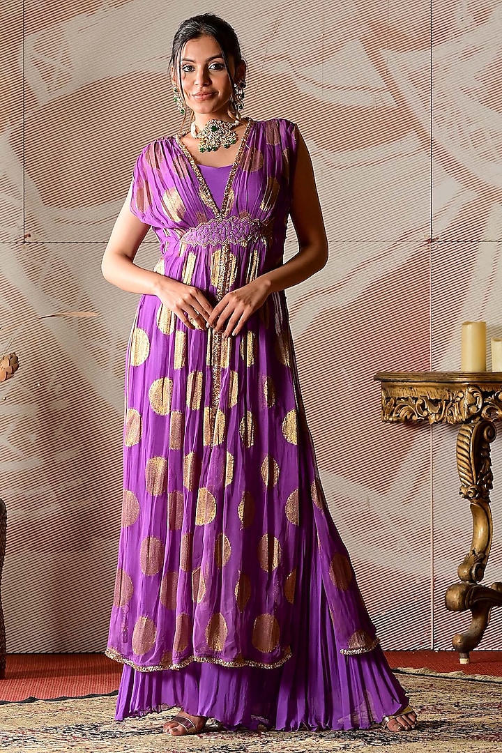 Purple Georgette Sharara Set by Farha Syed