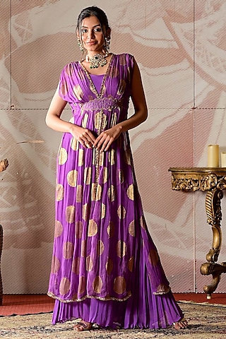 Purple Georgette Sharara Set by Farha Syed