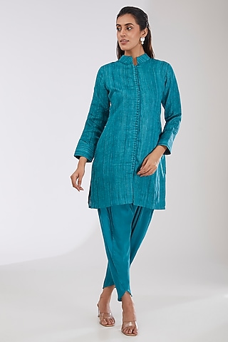 Peacock Blue Pure Silk Handwoven Printed Dhoti Set by Farha Syed