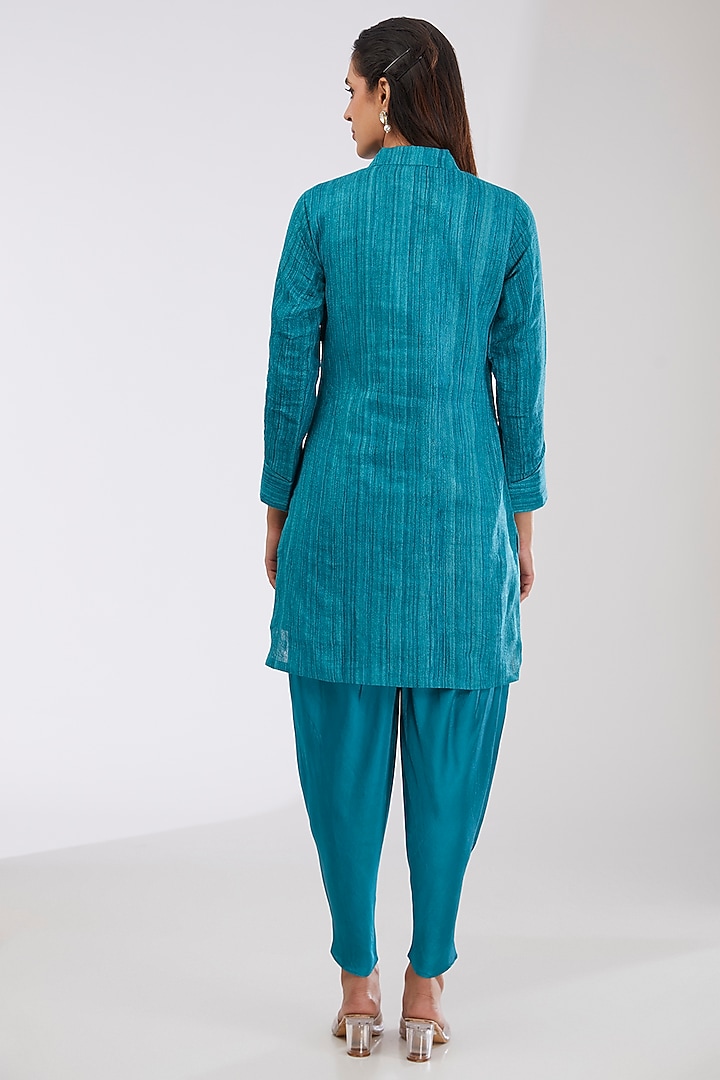 Peacock Blue Pure Silk Handwoven Printed Dhoti Set by Farha Syed at Pernia's Pop Up Shop