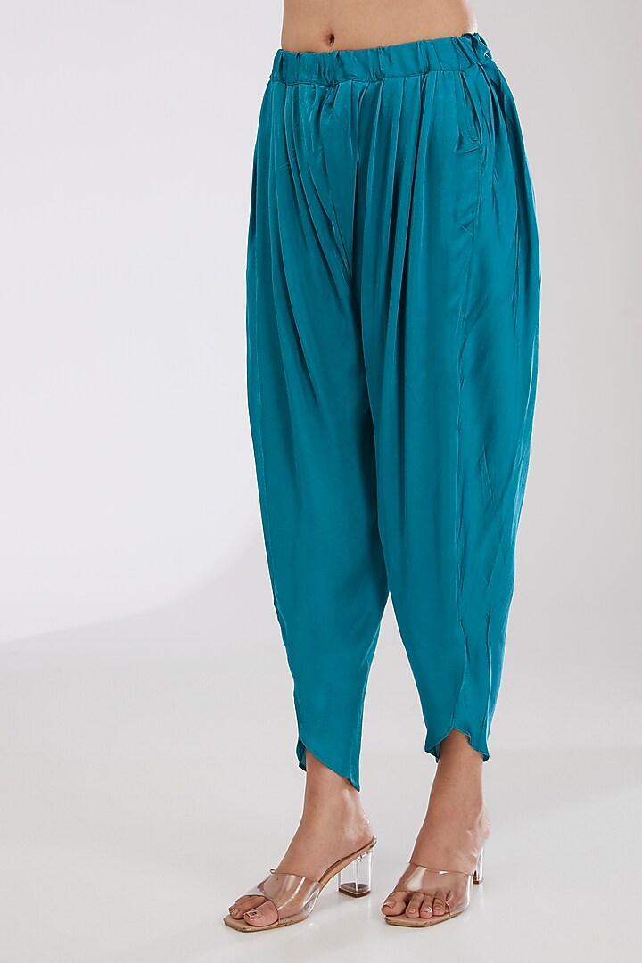 Peacock Blue Pure Silk Handwoven Printed Dhoti Set by Farha Syed at Pernia's Pop Up Shop