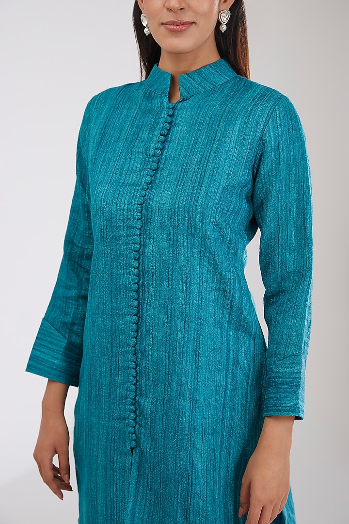 Peacock Blue Pure Silk Handwoven Printed Dhoti Set by Farha Syed at Pernia's Pop Up Shop
