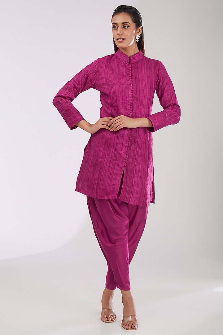 Magenta Pink Pure Silk Handwoven Printed Dhoti Set by Farha Syed at Pernia's Pop Up Shop