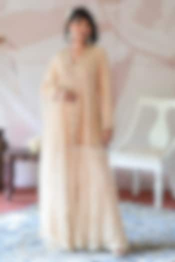 Ivory Beige Chinon Chiffon Sharara Set by Farha Syed at Pernia's Pop Up Shop