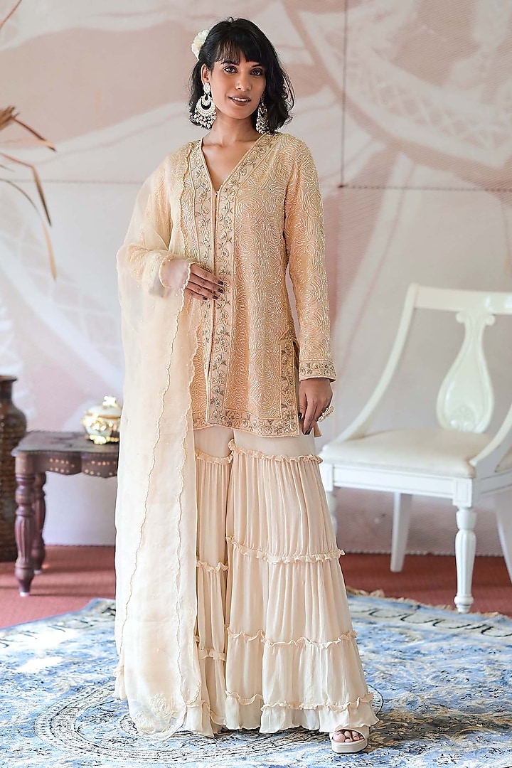 Ivory Beige Chinon Chiffon Sharara Set by Farha Syed at Pernia's Pop Up Shop