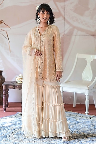 Ivory Beige Chinon Chiffon Sharara Set by Farha Syed