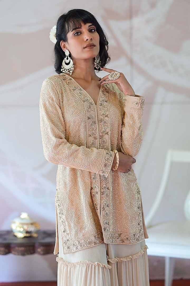 Ivory Beige Chinon Chiffon Wedding Sharara Set by Farha Syed at Pernia's Pop Up Shop