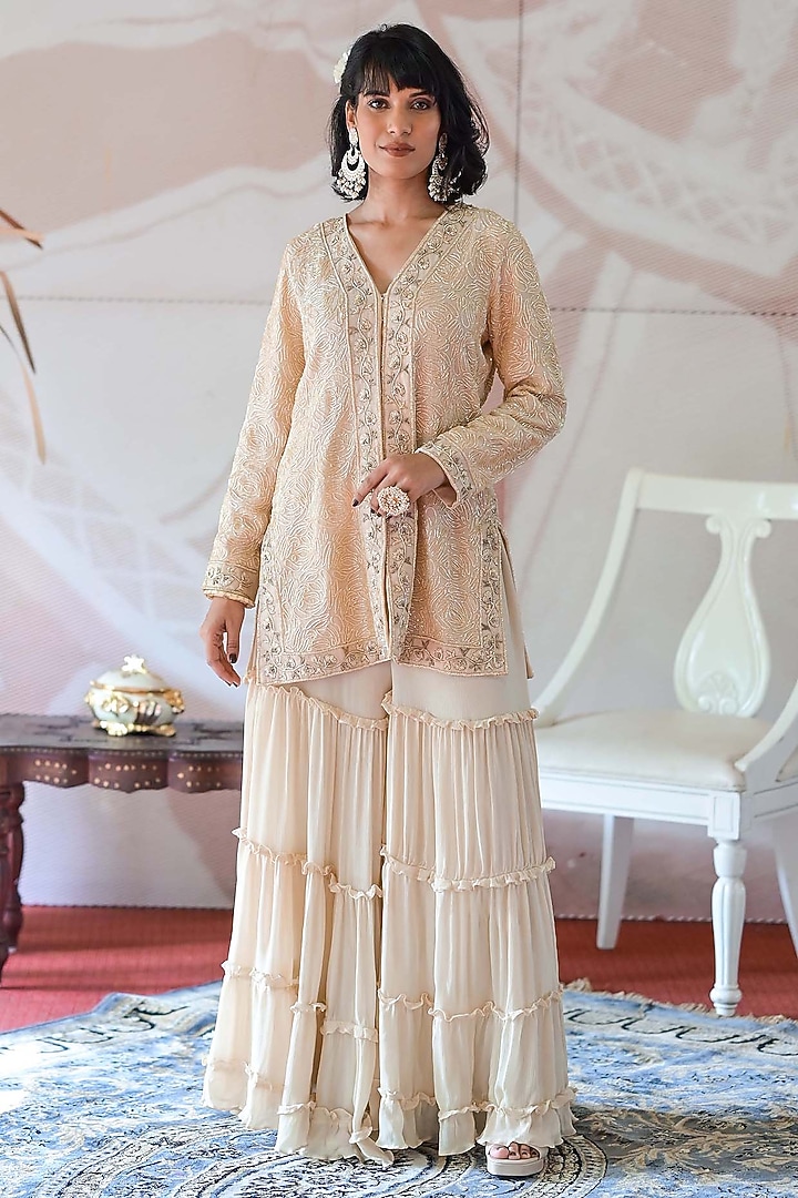 Ivory Beige Chinon Chiffon Wedding Sharara Set by Farha Syed at Pernia's Pop Up Shop