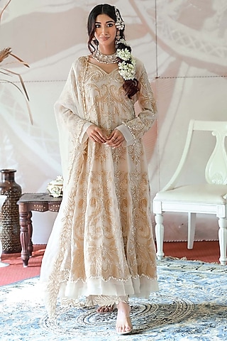 Ivory Beige Handloom Chanderi Tissue Hand Embroidered Anarkali Set by Farha Syed