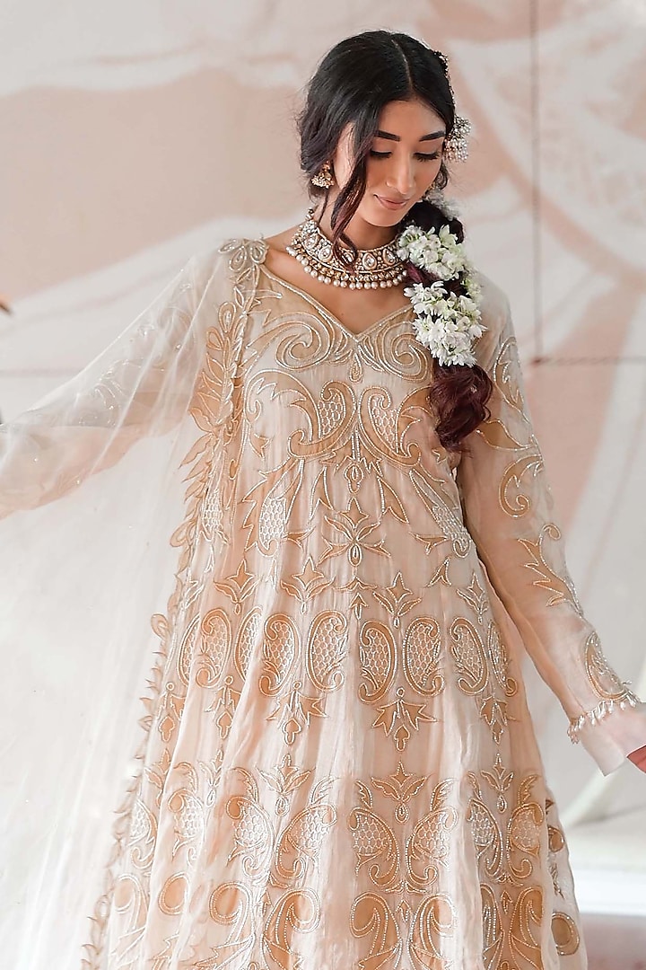 Ivory Beige Handloom Chanderi Tissue Hand Embroidered Wedding Anarkali Set by Farha Syed at Pernia's Pop Up Shop