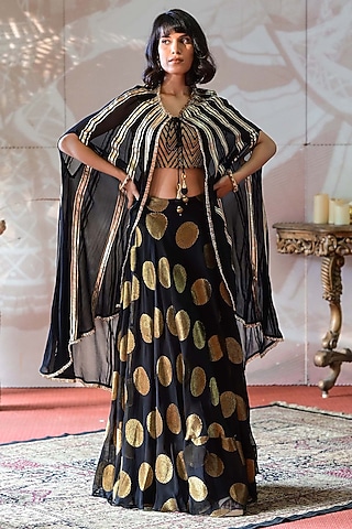 Black Banarasi Georgette Jacket Lehenga Set by Farha Syed