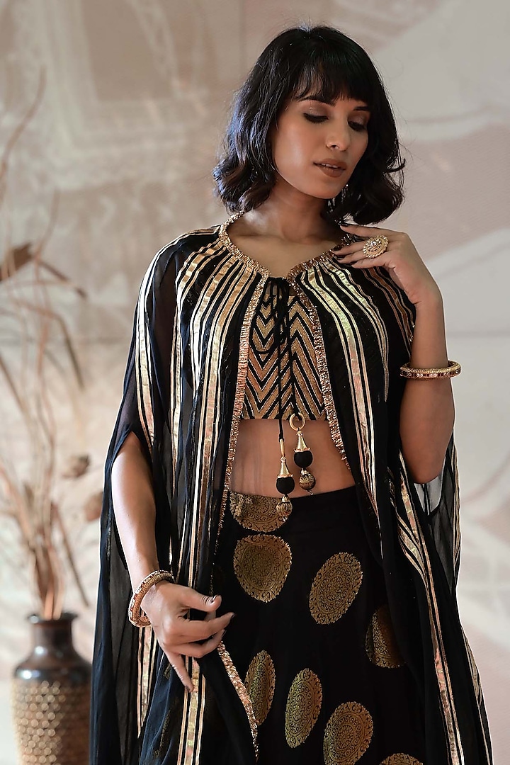Black Banarasi Georgette Jacket Lehenga Set by Farha Syed at Pernia's Pop Up Shop