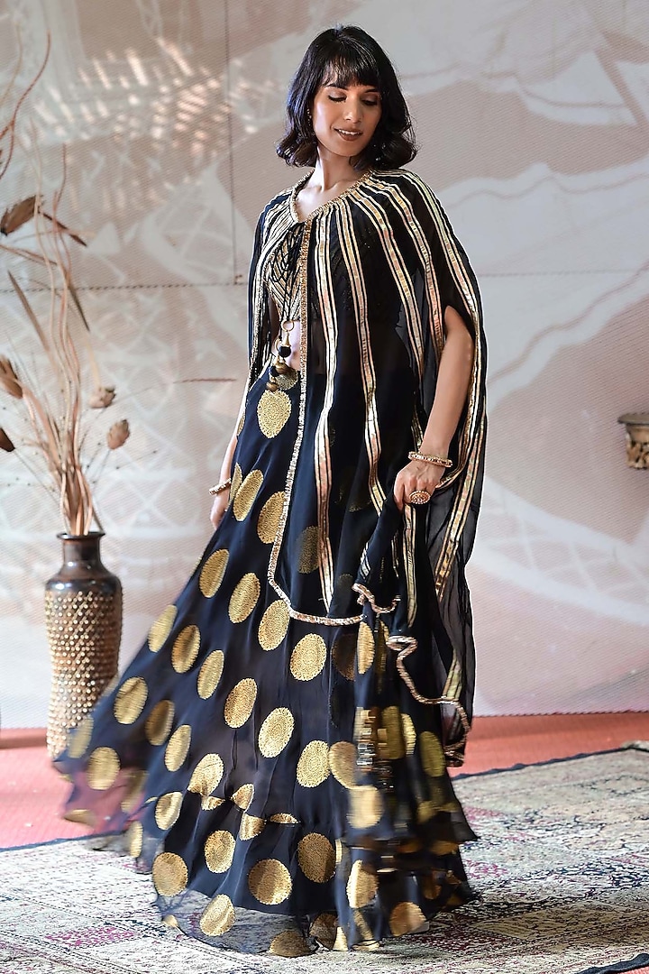 Black Banarasi Georgette Jacket Lehenga Set by Farha Syed at Pernia's Pop Up Shop