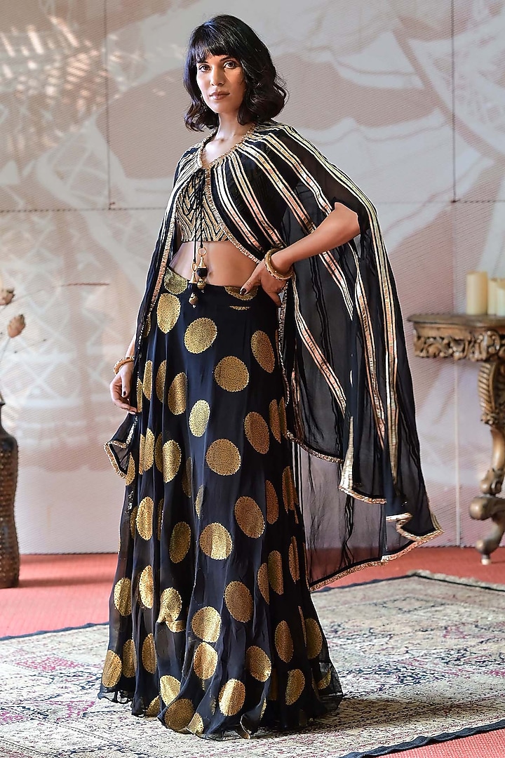 Black Banarasi Georgette Jacket Lehenga Set by Farha Syed at Pernia's Pop Up Shop