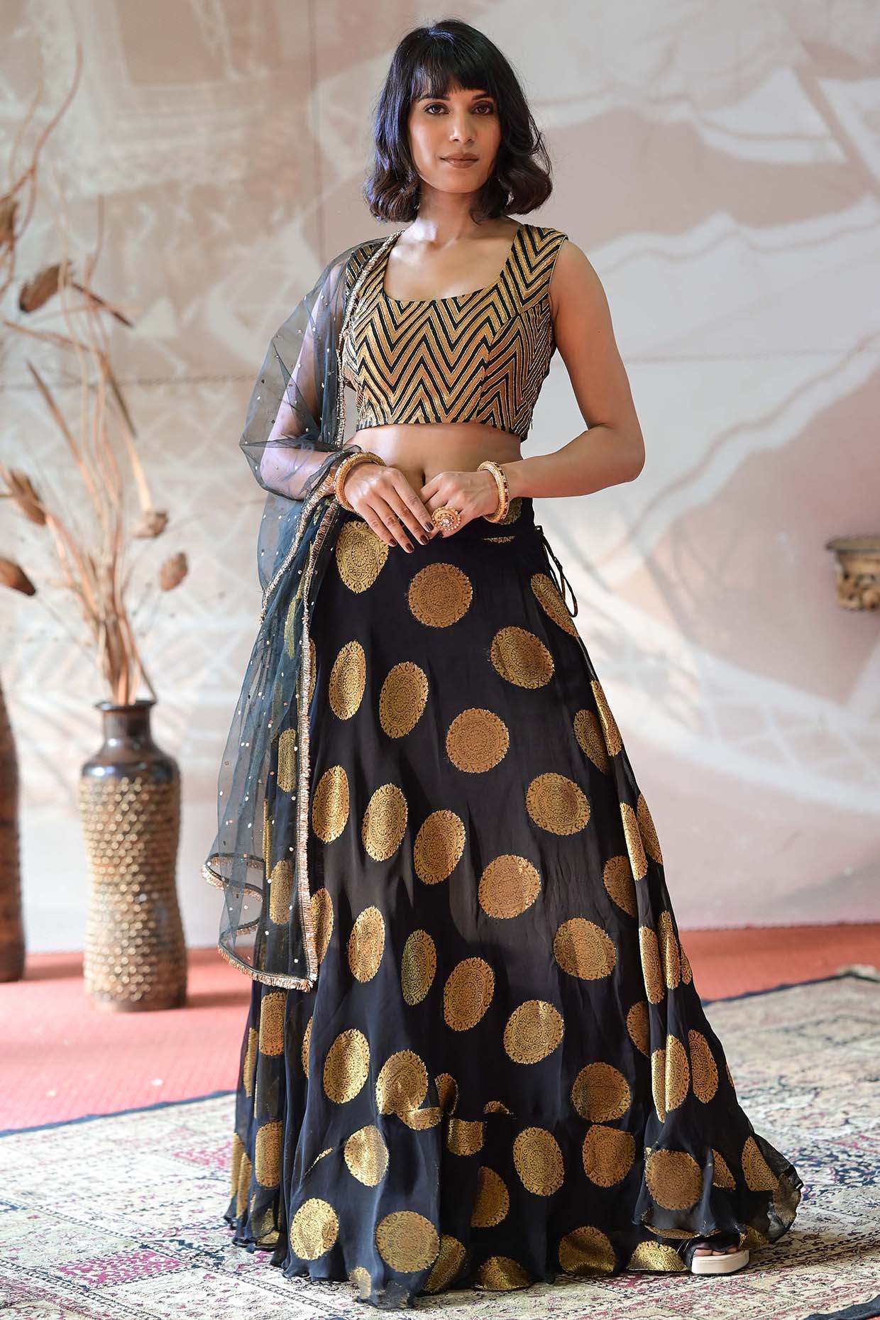 Black Banarsi skirt shops /lehenga with dupatta / One size fits most.