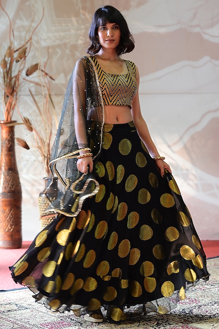 Black Banarasi Georgette Lehenga Set by Farha Syed at Pernia's Pop Up Shop