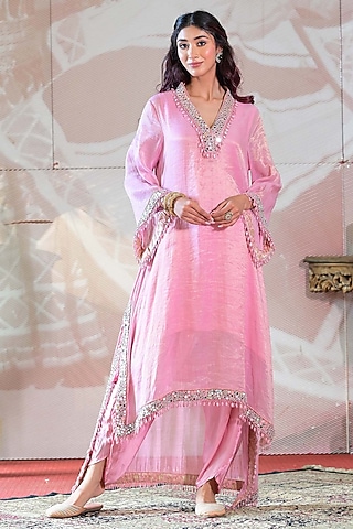 Onion Pink Handloom Chanderi Tissue Mirror Embroidered Kaftan Kurta Set by Farha Syed
