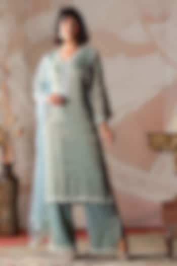 Powder Blue Handloom Chanderi Tissue Hand Embroidered Kurta Set by Farha Syed at Pernia's Pop Up Shop