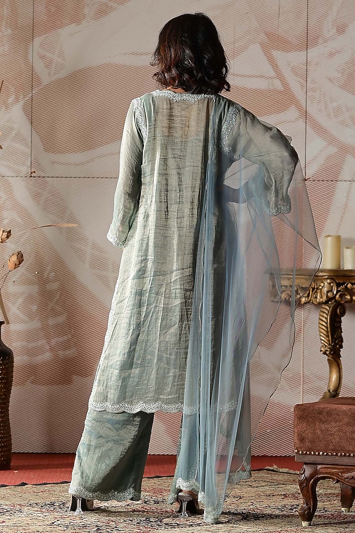 Powder Blue Handloom Chanderi Tissue Hand Embroidered Kurta Set by Farha Syed at Pernia's Pop Up Shop