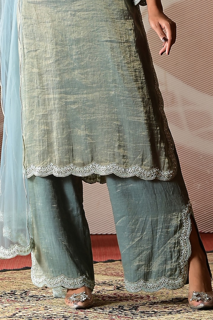 Powder Blue Handloom Chanderi Tissue Hand Embroidered Kurta Set by Farha Syed at Pernia's Pop Up Shop