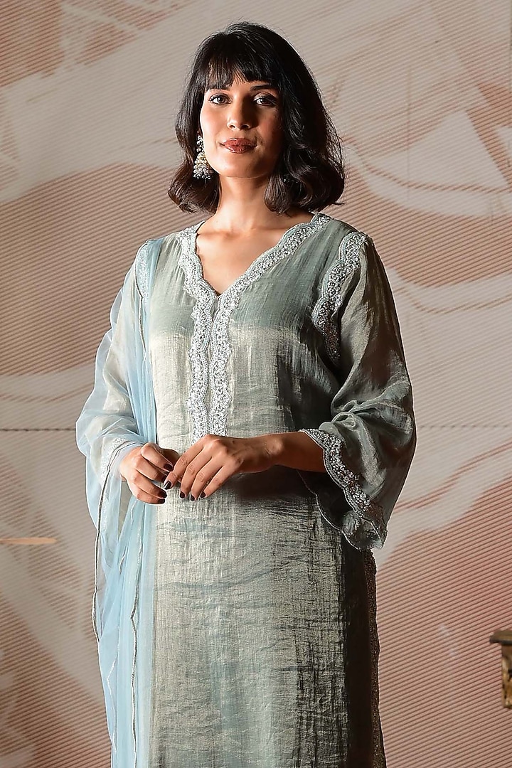 Powder Blue Handloom Chanderi Tissue Hand Embroidered Kurta Set by Farha Syed at Pernia's Pop Up Shop
