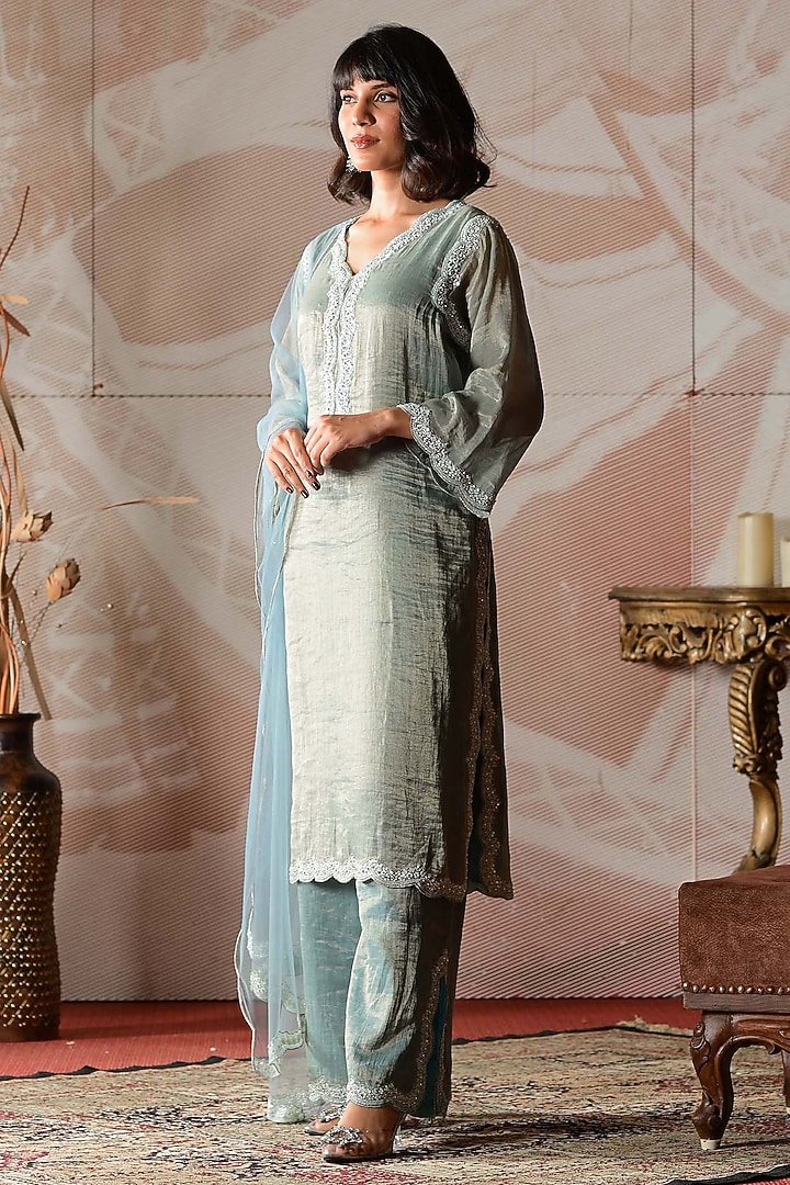 Powder Blue Handloom Chanderi Tissue Hand Embroidered Kurta Set by Farha Syed at Pernia's Pop Up Shop