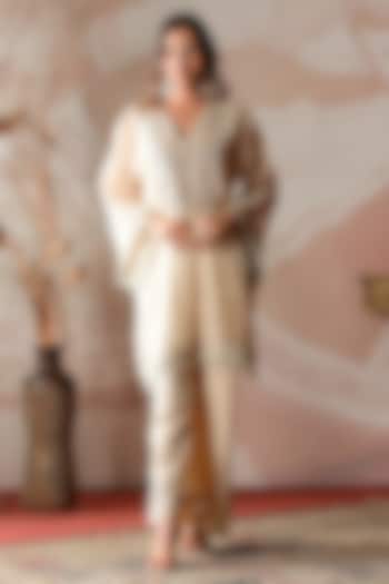 Ivory Beige Chanderi Tissue & Brocade Hand Embroidered Co-Ord Set by Farha Syed at Pernia's Pop Up Shop