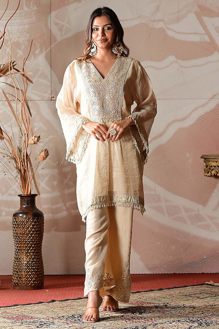 Ivory Beige Chanderi Tissue & Brocade Hand Embroidered Co-Ord Set by Farha Syed at Pernia's Pop Up Shop