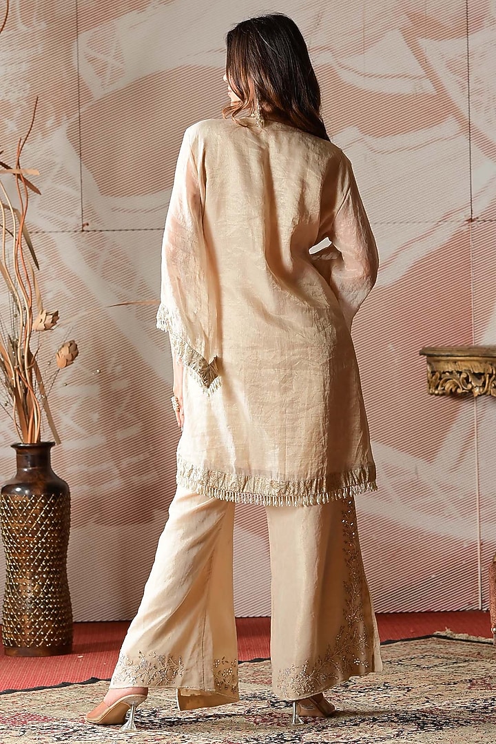 Ivory Beige Chanderi Tissue & Brocade Hand Embroidered Co-Ord Set by Farha Syed at Pernia's Pop Up Shop