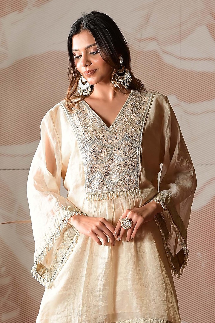 Ivory Beige Chanderi Tissue & Brocade Hand Embroidered Co-Ord Set by Farha Syed at Pernia's Pop Up Shop