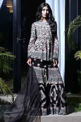 Black Mashru Gajji Silk Sharara Set by Farha Syed