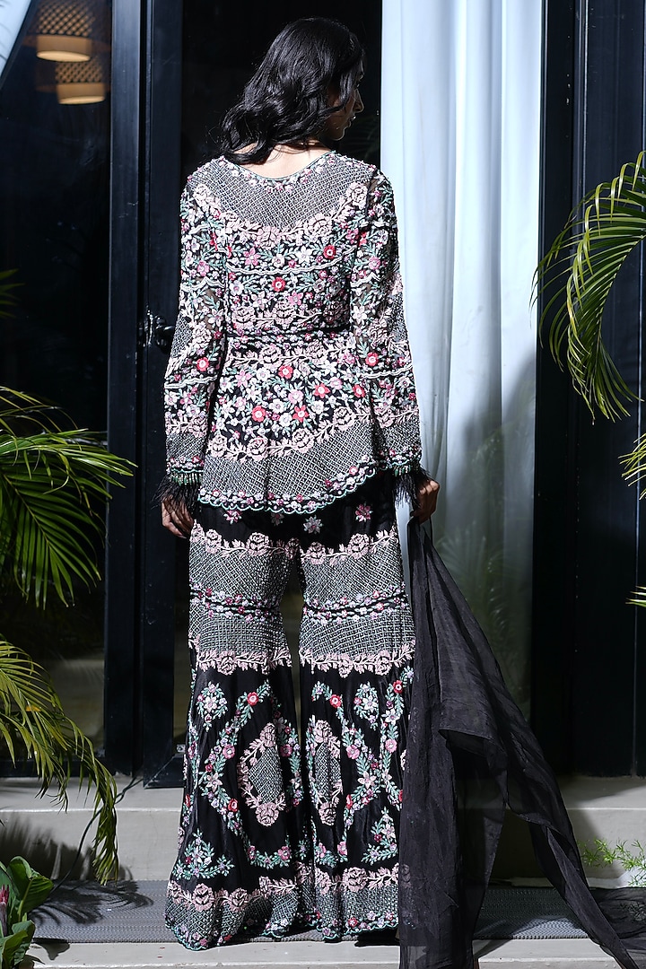 Black Mashru Gajji Silk Bridal Sharara Set by Farha Syed at Pernia's Pop Up Shop