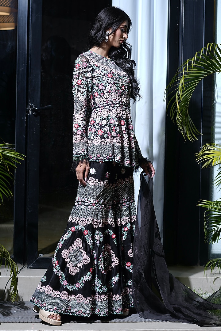 Black Mashru Gajji Silk Bridal Sharara Set by Farha Syed at Pernia's Pop Up Shop