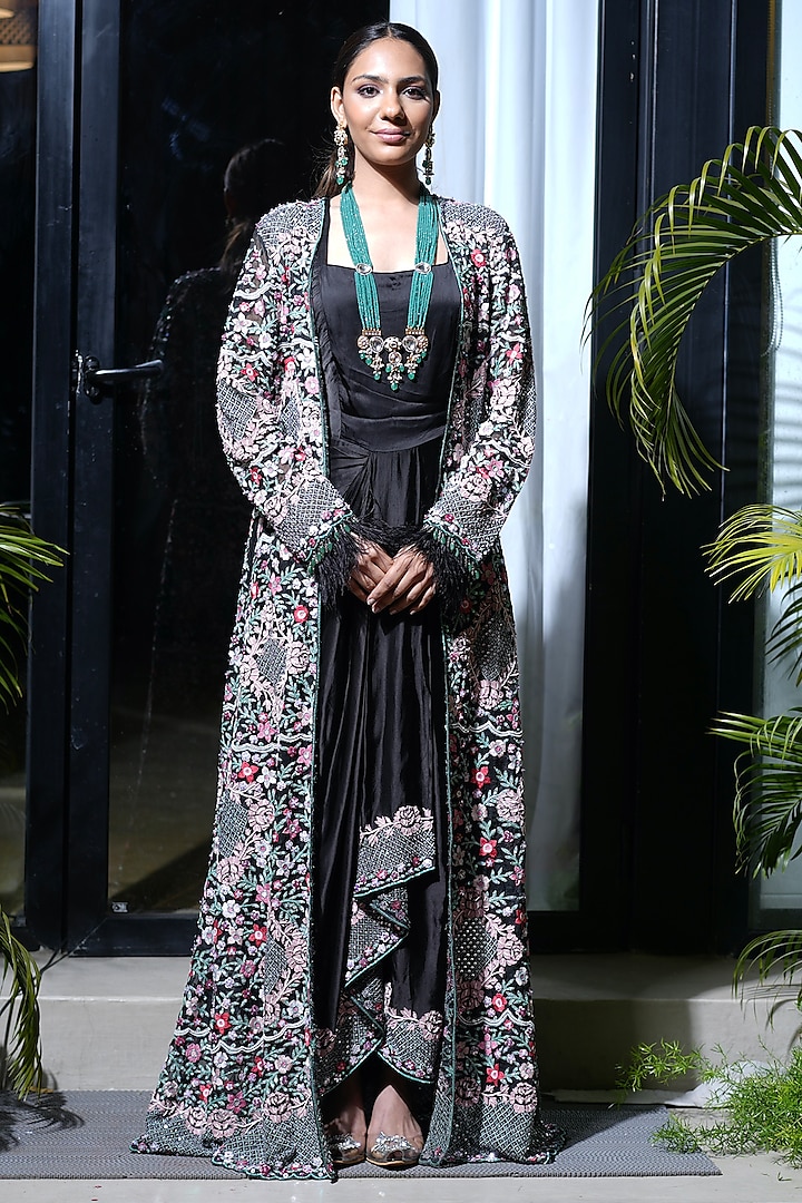 Black Modal Silk Hand Embroidered Draped Gown by Farha Syed at Pernia's Pop Up Shop