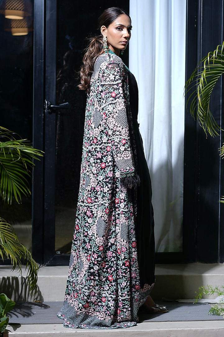 Black Modal Silk Hand Embroidered Draped Wedding Gown by Farha Syed at Pernia's Pop Up Shop