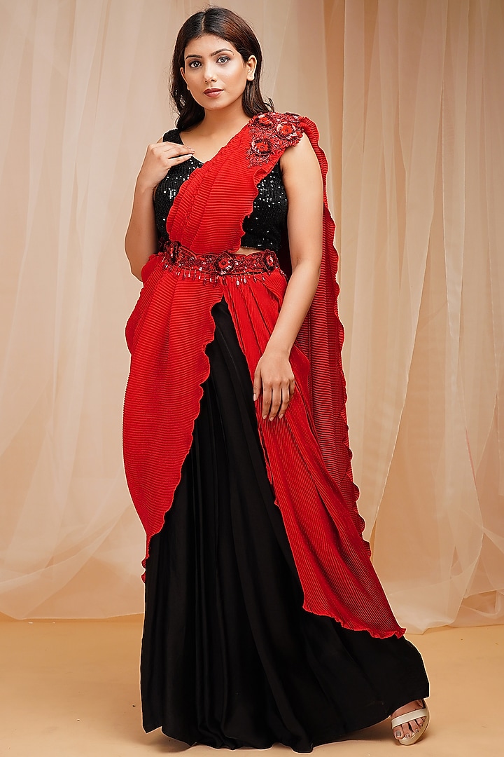 Candy Red Gajji Modal Satin Pleated Draped Saree Set by Farha Syed