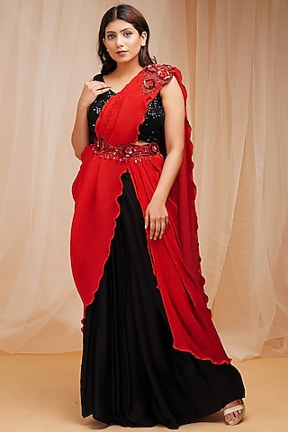 Candy Red Gajji Modal Satin Pleated Draped Saree Set by Farha Syed